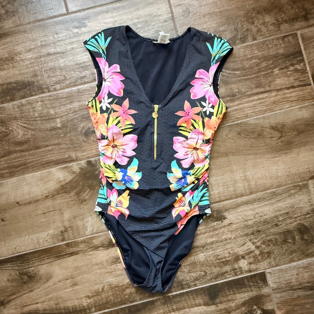 BLEU Rod Beattie Tropical Floral Cap Sleeve One-Piece Swimsuit, Black Multi,6